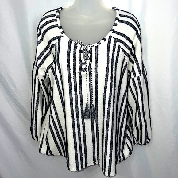 Style & Co Macy's Womens Blouse Navy Creme Size Large - Picture 1 of 6